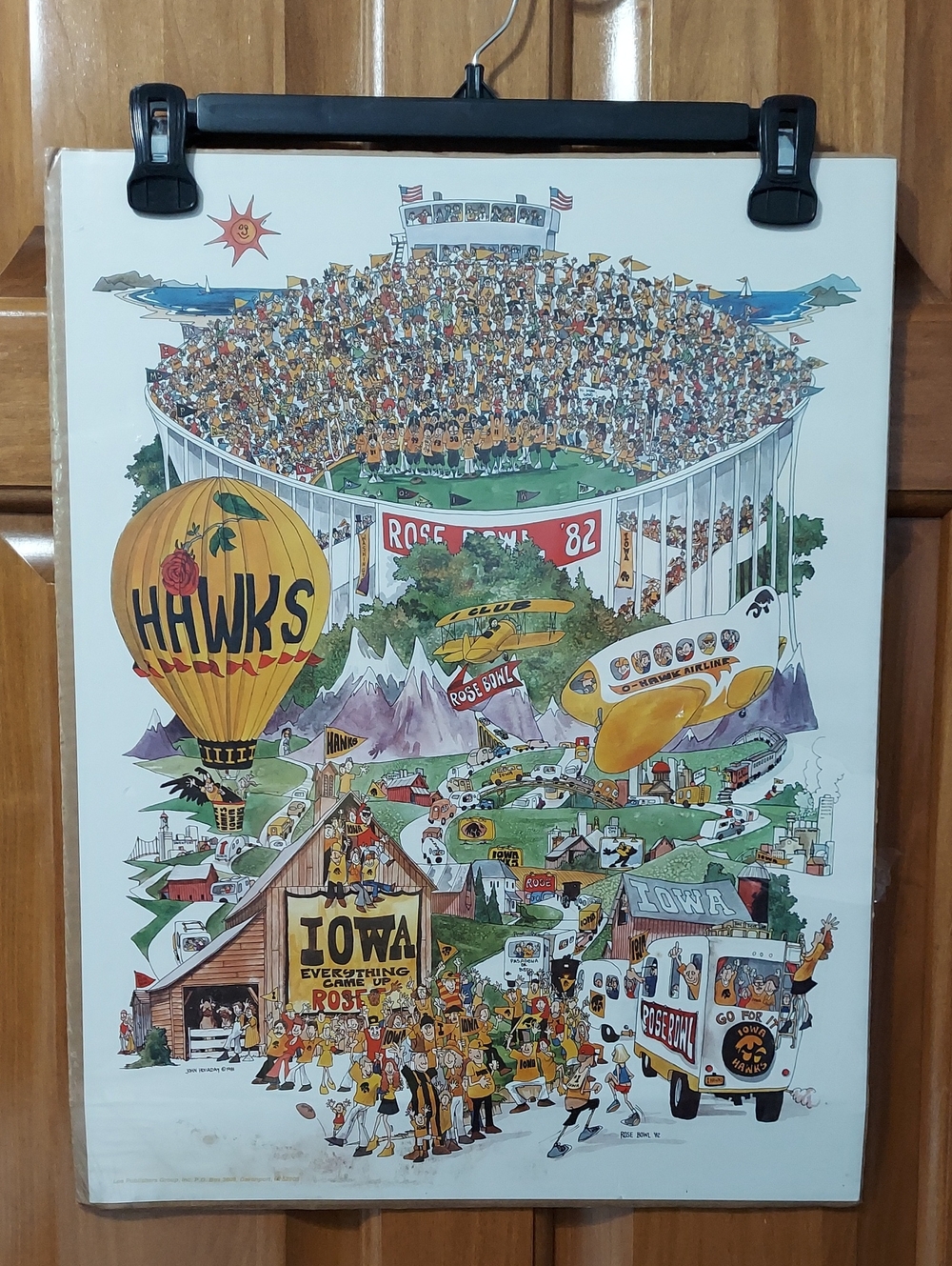 Iowa Hawkeyes Rose Bowl 82 Poster Illustrated Stadium Scene by John Holladay Vtg